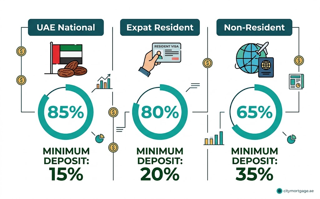 UAE mortgage LTV limits by buyer type — UAE nationals 85%, expat residents 80%, non-residents 65% under CBUAE rules