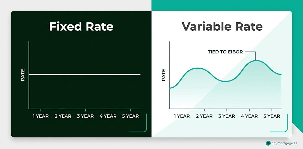 Fixed vs variable mortgage rates in the UAE — fixed period 1 to 5 years then reverts to EIBOR-linked variable rate