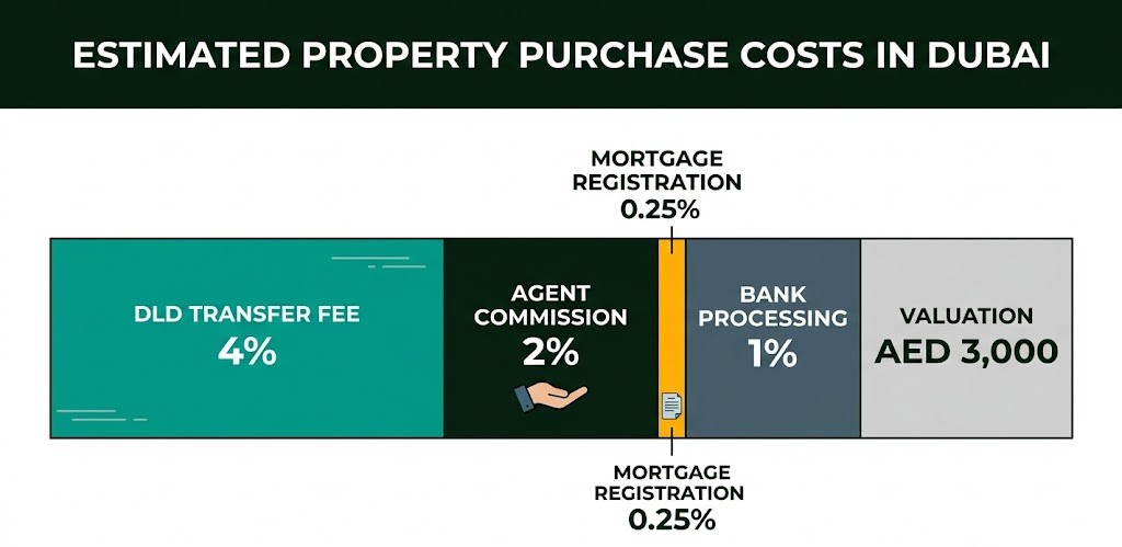 Upfront costs of buying property in Dubai with a mortgage — DLD fee 4%, agent 2%, mortgage registration 0.25%, bank fee 1%, valuation AED 3,000