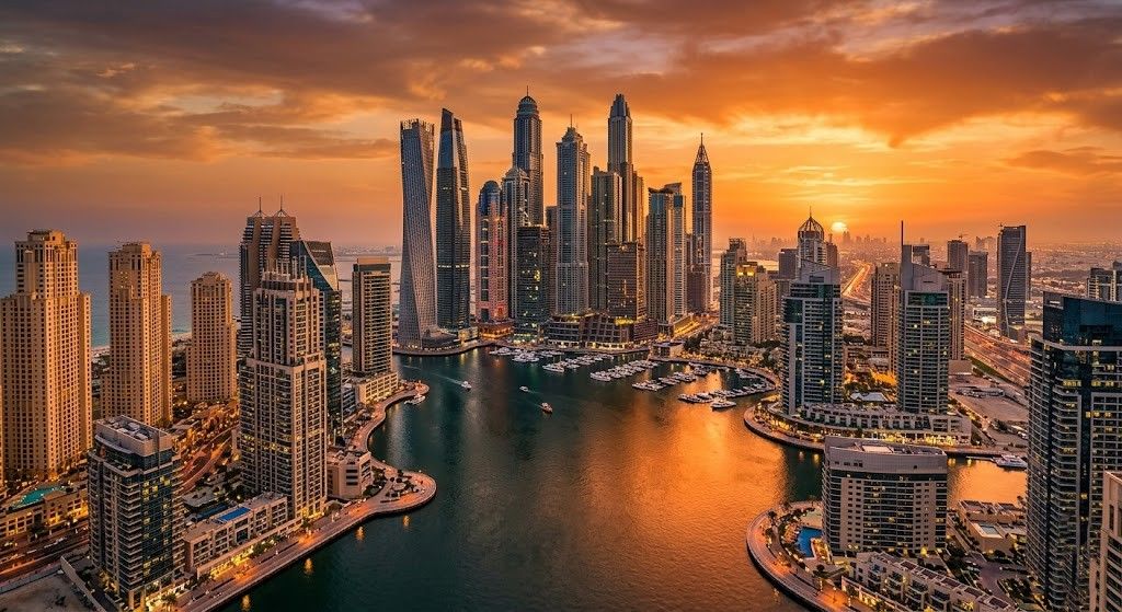 Dubai Marina skyline at sunset — UAE property market 2026