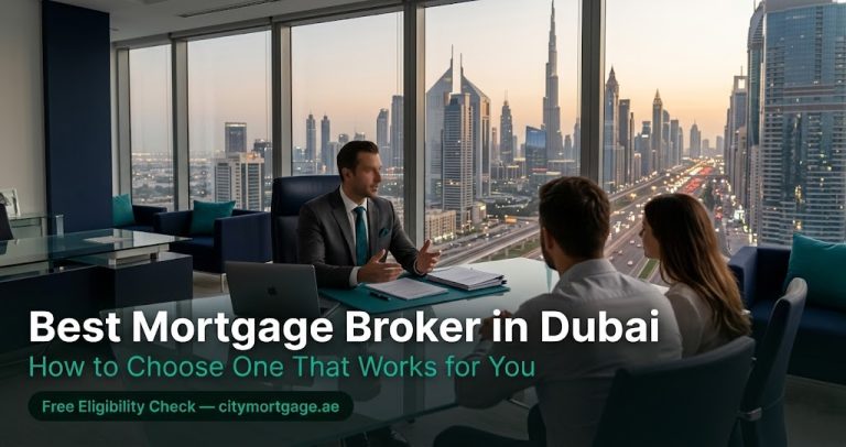 Best mortgage broker in Dubai — CityMortgage advisor discussing home loan options with property buyers in a modern Dubai office