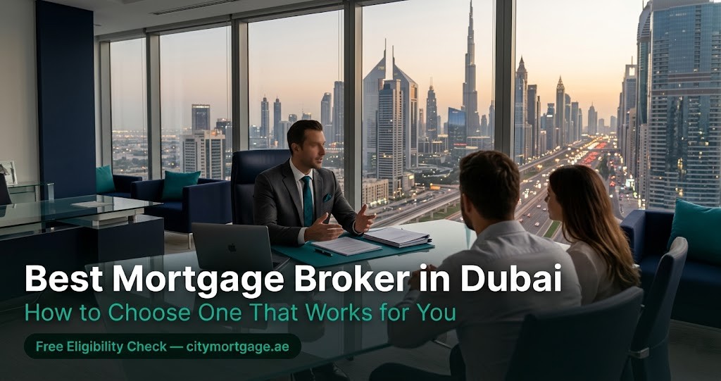 Best mortgage broker in Dubai — CityMortgage advisor discussing home loan options with property buyers in a modern Dubai office