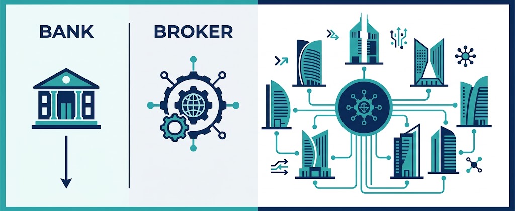 Visual comparison of direct bank application versus independent mortgage broker access to 25 plus UAE lenders in Dubai