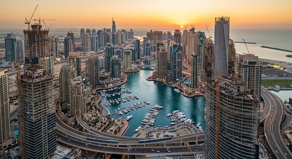 Dubai off-plan property under construction — towers at various completion stages in Dubai Marina