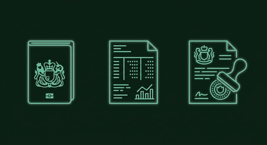 Icons of passport, bank statement, and notarised document required for a UK buyer's Dubai mortgage application
