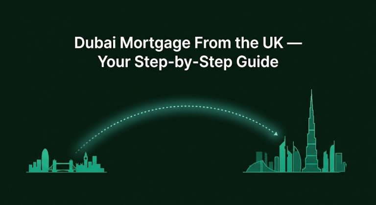 UK to Dubai mortgage guide — flight path illustration connecting United Kingdom and Dubai skylines