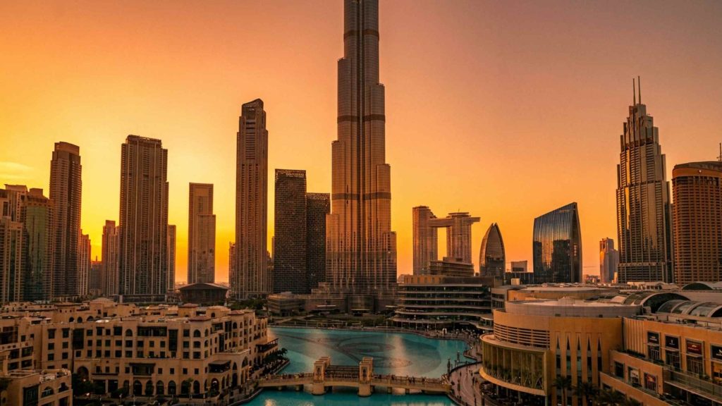 Downtown Dubai skyline with Burj Khalifa and Dubai Mall
