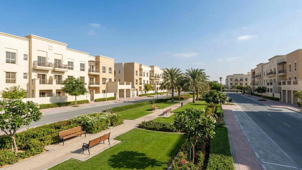 Jumeirah Village Circle low-rise apartment buildings and community park in Dubai