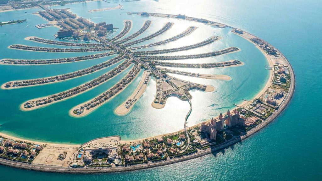 Palm Jumeirah aerial view showing luxury villas on the palm-shaped island