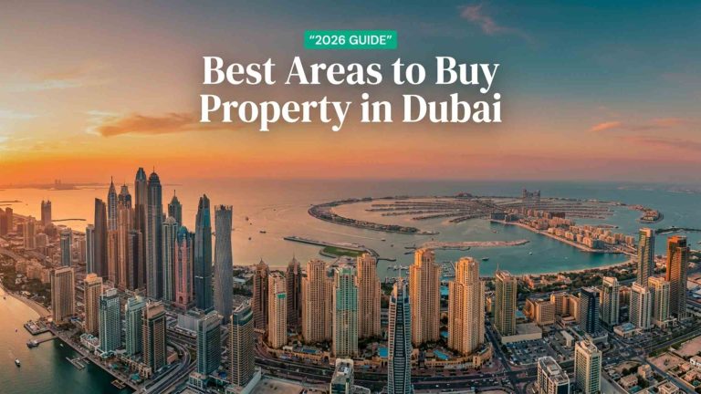 Aerial view of Dubai skyline at sunset showing waterfront towers and Palm Jumeirah, best areas to buy property in Dubai