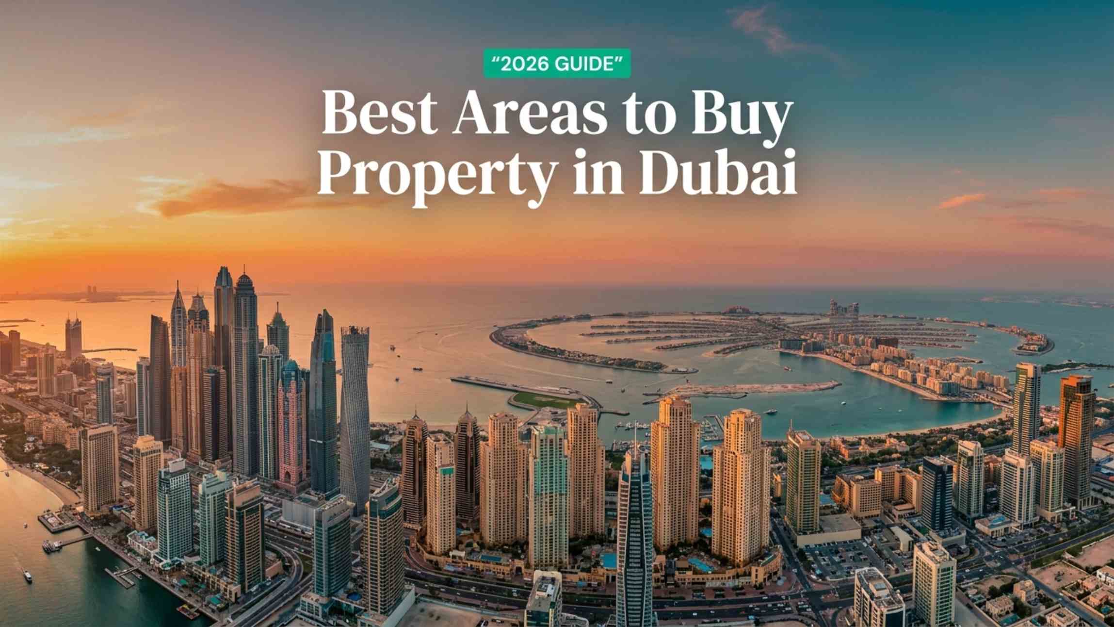 Aerial view of Dubai skyline at sunset showing waterfront towers and Palm Jumeirah, best areas to buy property in Dubai
