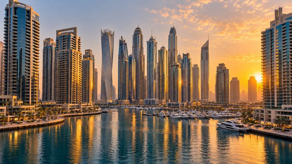 Dubai skyline with modern high-rise towers in a freehold property area
