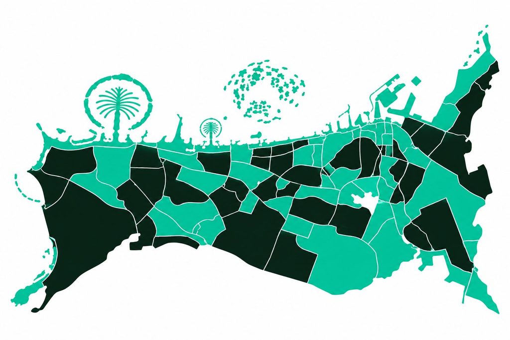 Illustrated map of Dubai showing freehold and leasehold property zones