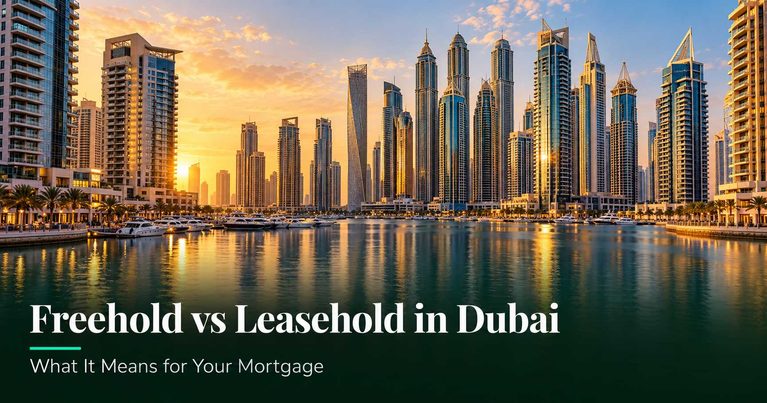 Dubai Marina skyline at sunset representing freehold property areas in Dubai